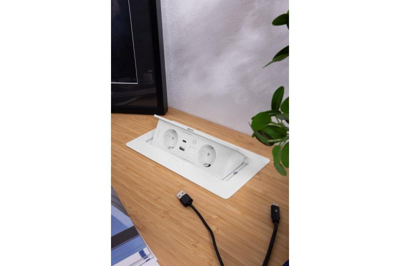 Huonekalupistorasia MULTISOFT, 2xSHUKO, USB A+C, RJ45, kaapeli 1,5 m, valkoinen