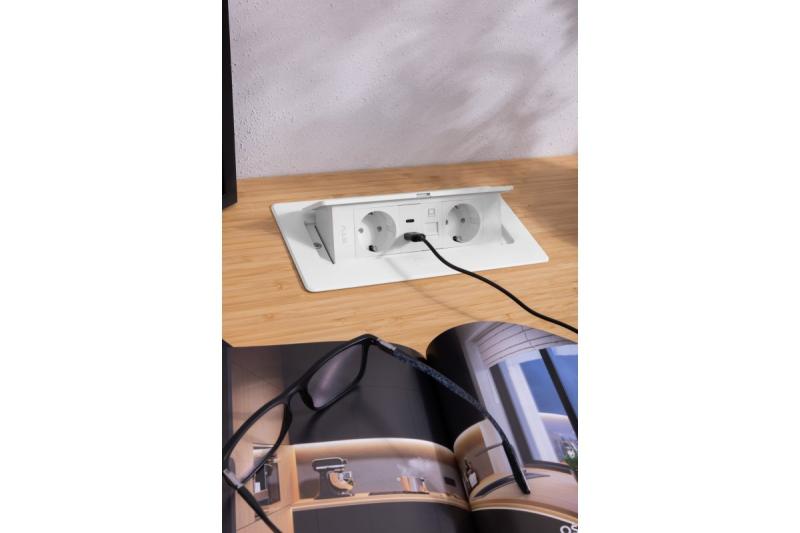 Huonekalupistorasia MULTISOFT, 2xSHUKO, USB A+C, RJ45, kaapeli 1,5 m, valkoinen