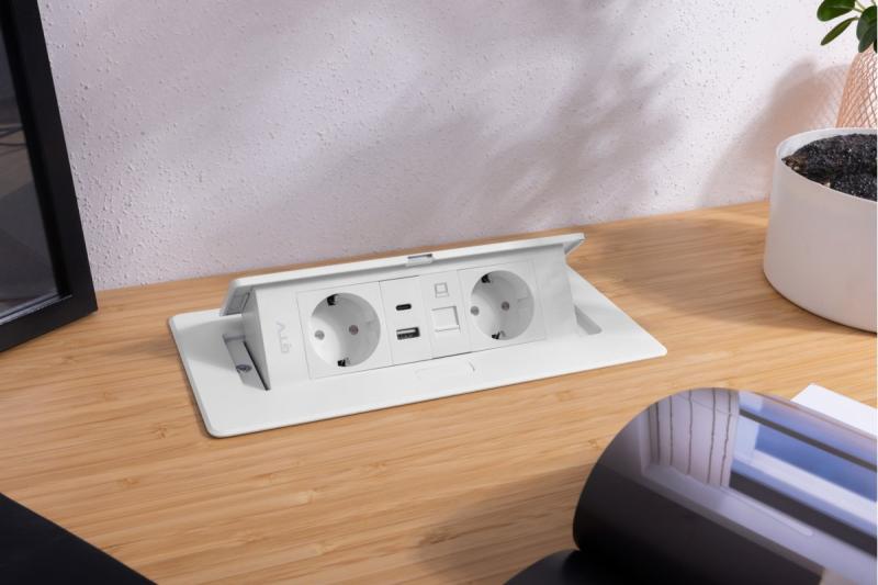 Huonekalupistorasia MULTISOFT, 2xSHUKO, USB A+C, RJ45, kaapeli 1,5 m, valkoinen