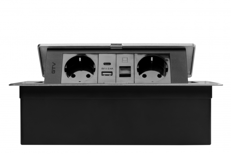 Huonekalupistorasia MULTISOFT, 2xSCHUKO, USB A+C, RJ45, kaapeli 1,5 m, alumiini