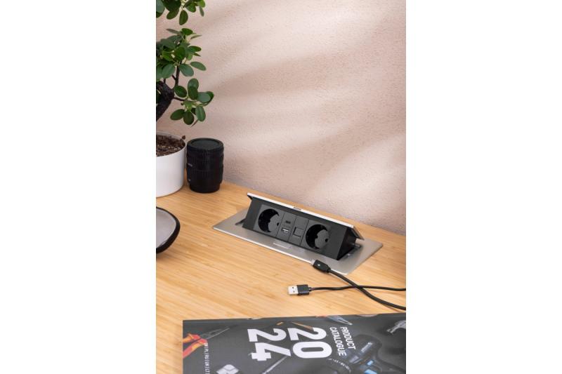 Huonekalupistorasia MULTISOFT, 2xSCHUKO, USB A+C, RJ45, kaapeli 1,5 m, alumiini