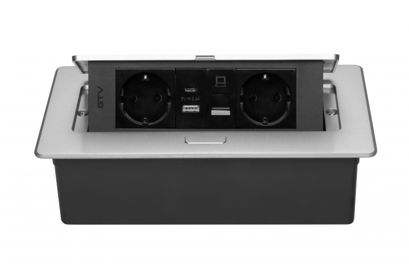 Huonekalupistorasia MULTISOFT, 2xSCHUKO, USB A+C, RJ45, kaapeli 1,5 m, alumiini