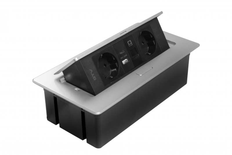 Huonekalupistorasia MULTISOFT, 2xSCHUKO, USB A+C, RJ45, kaapeli 1,5 m, alumiini