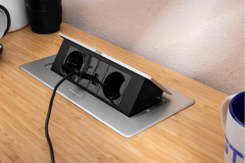 Huonekalupistorasia MULTISOFT, 2xSCHUKO, USB A+C, RJ45, kaapeli 1,5 m, alumiini