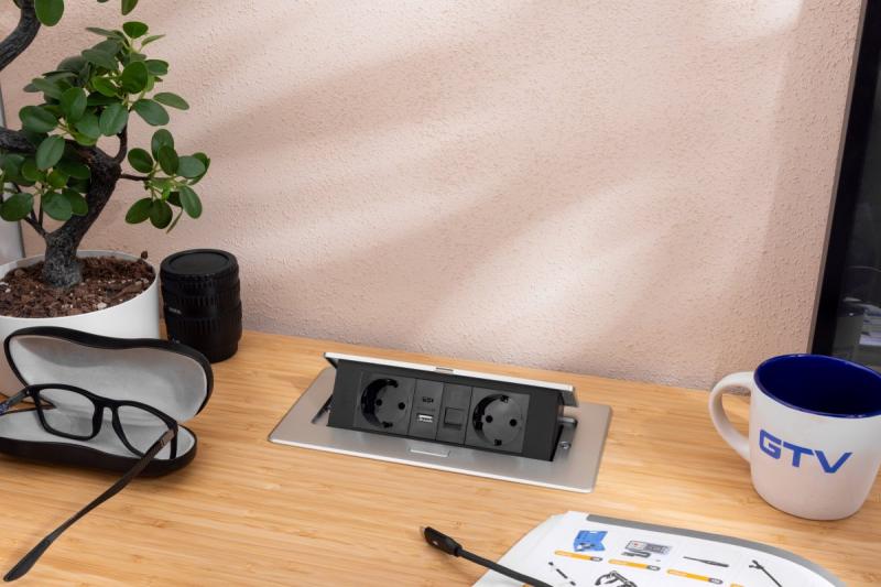 Huonekalupistorasia MULTISOFT, 2xSCHUKO, USB A+C, RJ45, kaapeli 1,5 m, alumiini