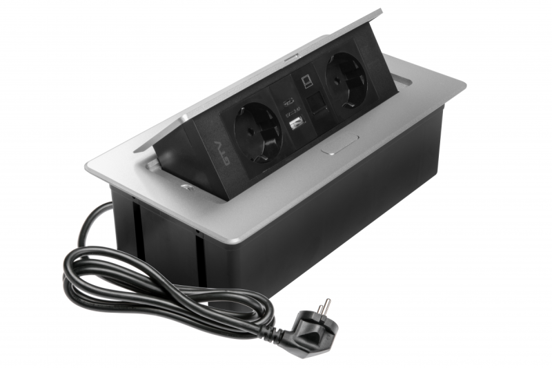 Huonekalupistorasia MULTISOFT, 2xSCHUKO, USB A+C, RJ45, kaapeli 1,5 m, alumiini