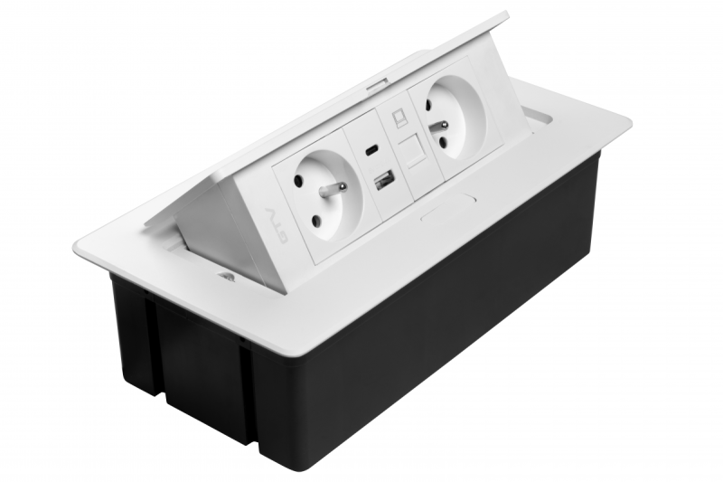 MULTISOFT Huonekalupistorasia 2x Maadoitettu Pistorasia, USB A+C, RJ45, Virtajohto Pistokkeella, Valkoinen