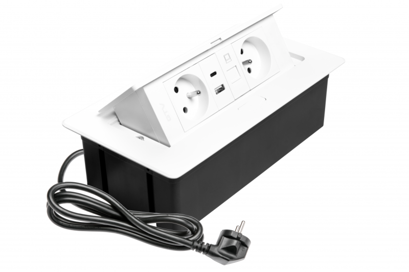 MULTISOFT Huonekalupistorasia 2x Maadoitettu Pistorasia, USB A+C, RJ45, Virtajohto Pistokkeella, Valkoinen