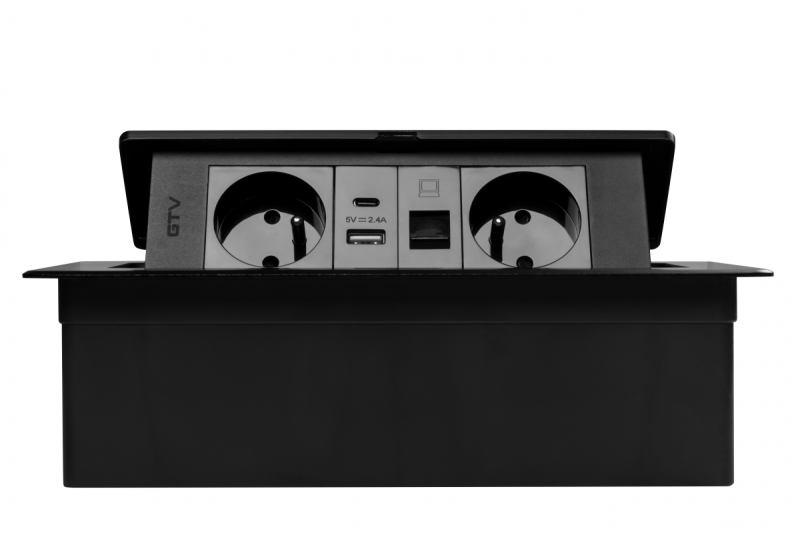 MULTISOFT Kalustepistorasia 2x Maadoitettu Pistorasia, USB A+C, RJ45, Virtajohto Pistokkeella, Musta