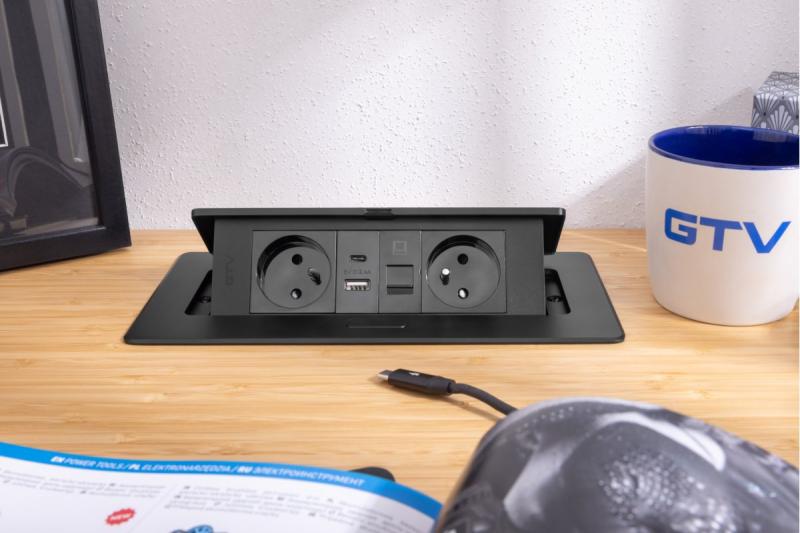 MULTISOFT Kalustepistorasia 2x Maadoitettu Pistorasia, USB A+C, RJ45, Virtajohto Pistokkeella, Musta