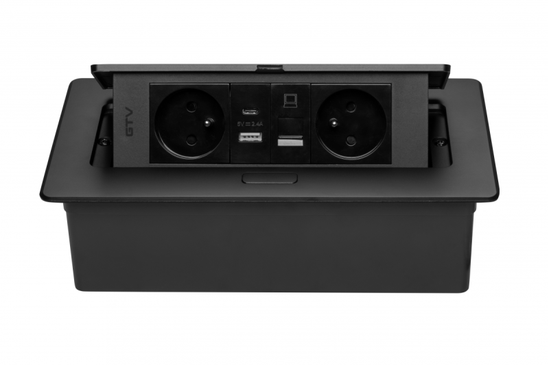 MULTISOFT Kalustepistorasia 2x Maadoitettu Pistorasia, USB A+C, RJ45, Virtajohto Pistokkeella, Musta