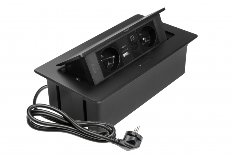 MULTISOFT Kalustepistorasia 2x Maadoitettu Pistorasia, USB A+C, RJ45, Virtajohto Pistokkeella, Musta