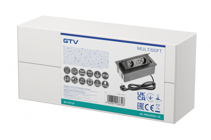 MULTISOFT Kalustepistorasia 2x Maadoitettu Pistorasia, USB A+C, RJ45, Virtajohto Pistokkeella, Musta