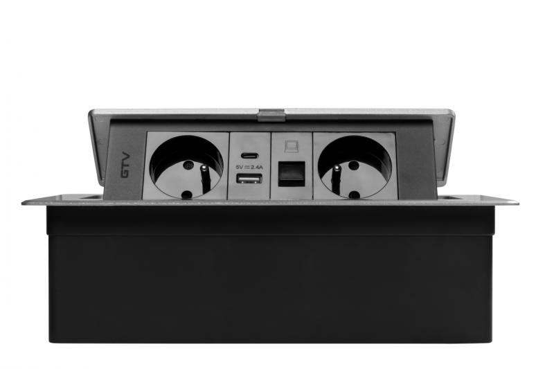 MULTISOFT Huonekalupistorasia 2x Maadoitettu Pistorasia, USB A+C, RJ45, Virtajohto Pistokkeella, Alumiini