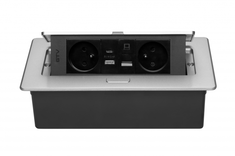 MULTISOFT Huonekalupistorasia 2x Maadoitettu Pistorasia, USB A+C, RJ45, Virtajohto Pistokkeella, Alumiini