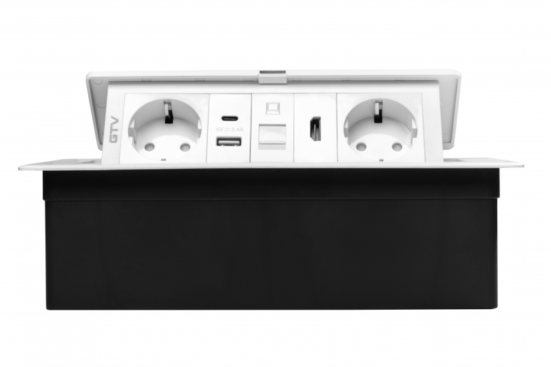 Huonekalupistorasia MULTISOFT, 2xSHUKO, USB A+C, RJ45, HDMI, kaapeli 1,5 m, valkoinen