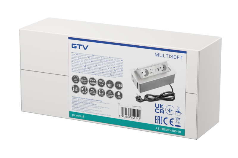 Huonekalupistorasia MULTISOFT, 2xSHUKO, USB A+C, RJ45, HDMI, kaapeli 1,5 m, valkoinen