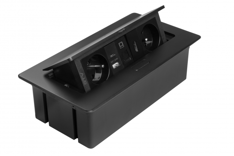 Huonekalupistorasia MULTISOFT, 2xSHUKO, USB A+C, RJ45, HDMI-kaapeli 1,5 m, musta