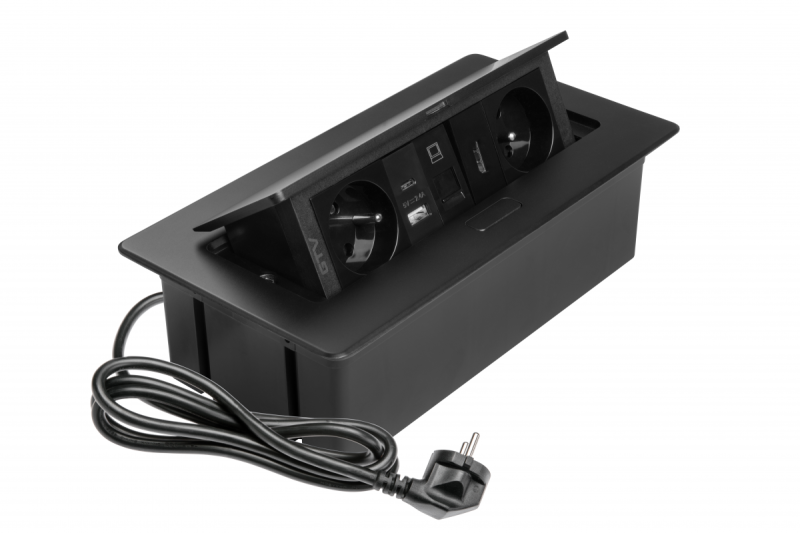 Huonekalupistorasia MULTISOFT, 2xSHUKO, USB A+C, RJ45, HDMI-kaapeli 1,5 m, musta