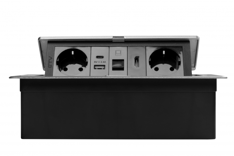 Huonekalupistorasia MULTISOFT, 2xSCHUKO, USB A+C, RJ45, HDMI-kaapeli 1,5 m, alumiini