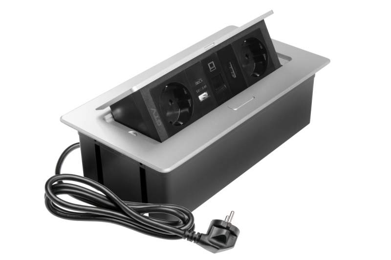 Huonekalupistorasia MULTISOFT, 2xSCHUKO, USB A+C, RJ45, HDMI-kaapeli 1,5 m, alumiini