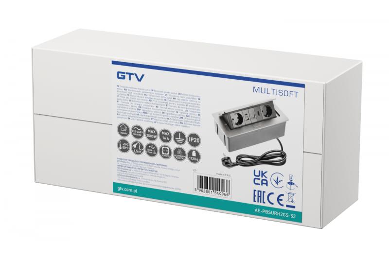 Huonekalupistorasia MULTISOFT, 2xSCHUKO, USB A+C, RJ45, HDMI-kaapeli 1,5 m, alumiini