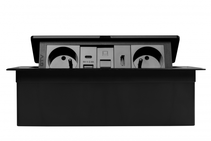 MULTISOFT kalustepistorasia 2x Pistorasia maadoituksella, USB A+C, RJ45, HDMI, virtajohto pistokkeella, musta