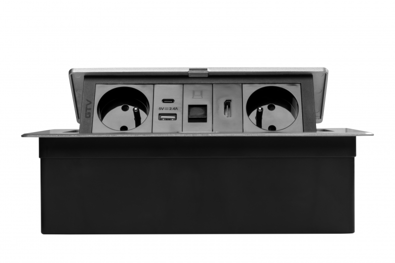 MULTISOFT huonekalupistorasia 2x maadoitettu pistorasia, USB A+C, RJ45, HDMI, virtajohto pistokkeella, alumiini