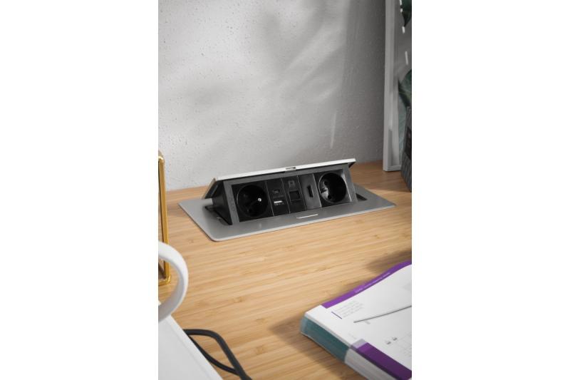 MULTISOFT huonekalupistorasia 2x maadoitettu pistorasia, USB A+C, RJ45, HDMI, virtajohto pistokkeella, alumiini