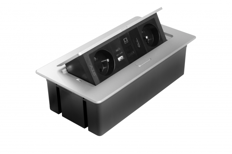 MULTISOFT huonekalupistorasia 2x maadoitettu pistorasia, USB A+C, RJ45, HDMI, virtajohto pistokkeella, alumiini