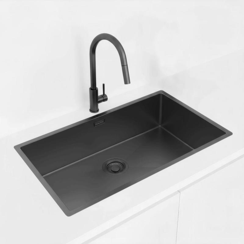 Pure.Sink Luxion Suuri PVD-musta pesuallas 74x40 cm, alakaappi, tasoasennus ja pinta-asennus PLX7440-63