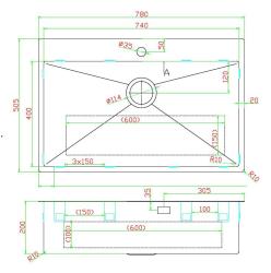 Pure.Sink Luxion Suuri Gun metal -tiskialtaan 78x50 cm Tapwing hananreiän peitelevy PLX7850T-61