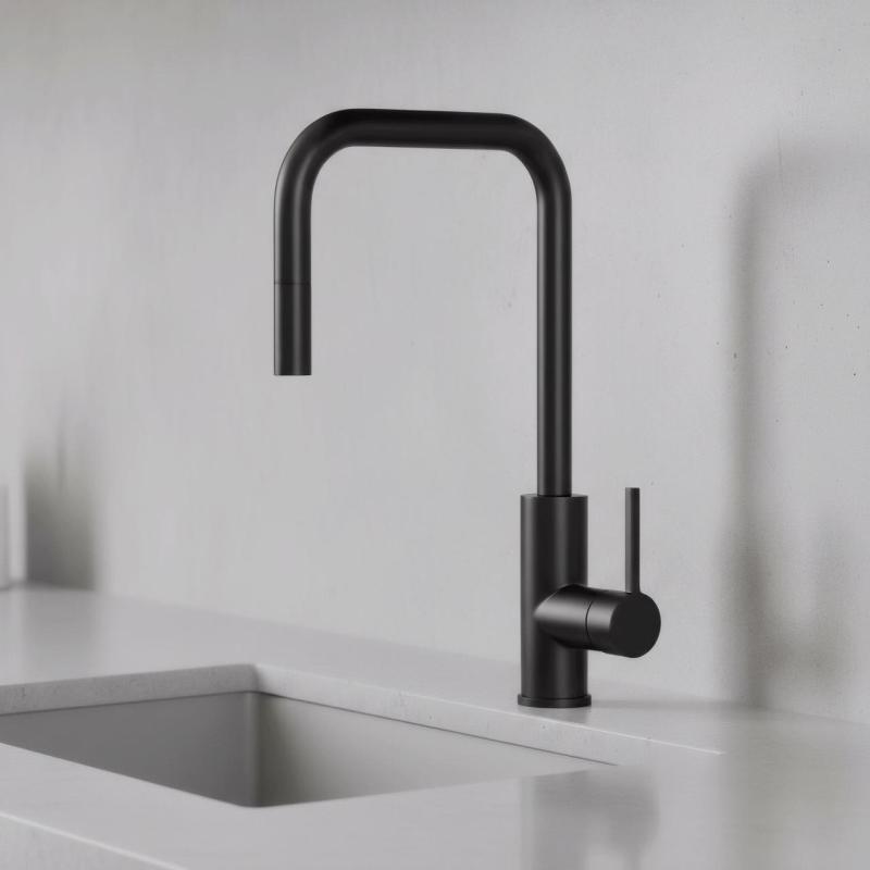 Pure.Sink Luxion Matto Musta keittiöhanan neliö ulosvedettävällä suuttimella PLXSQUA-10