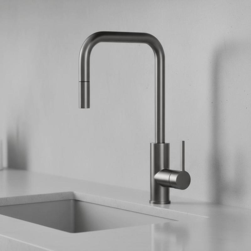 Pure.Sink Luxion Gun metal -keittiöhanat, neliönmuotoiset, ulosvedettävällä suuttimella PLXSQUA-61