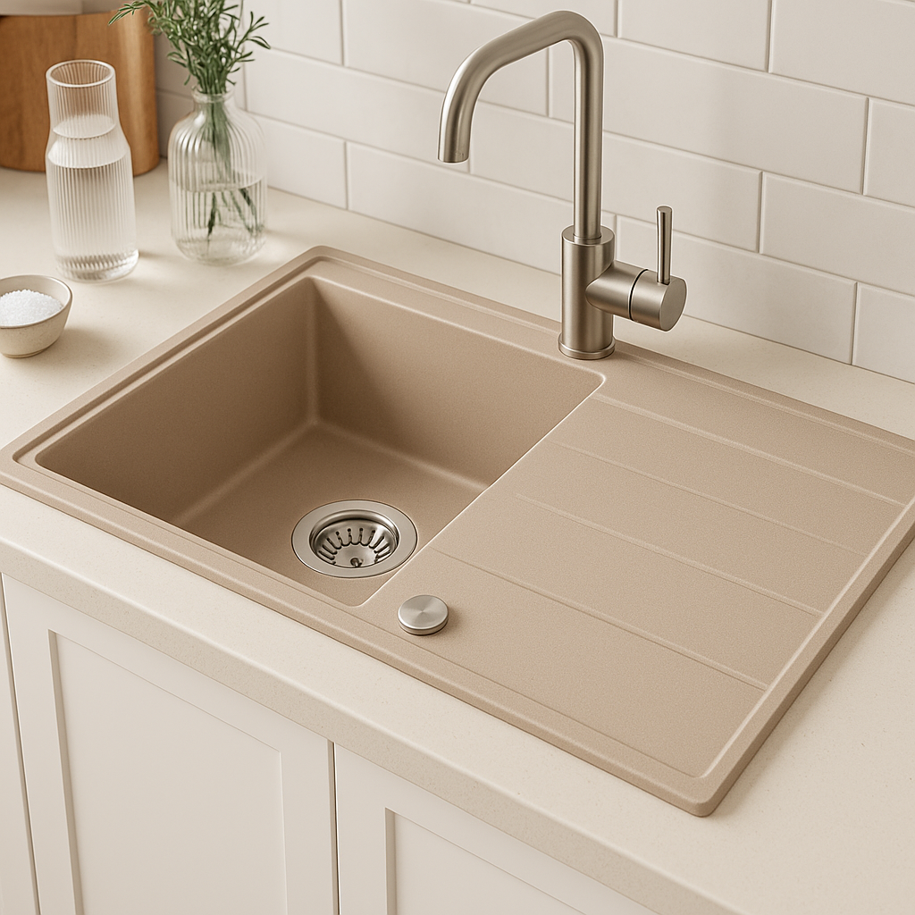 Quadri Luton pearl beige granite built-in sink with drainer, reversible 86x50cm with stainless steel plug 1208971779 - Productafbeelding 2