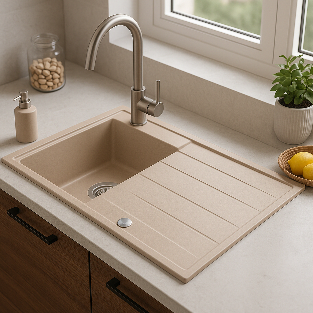 Quadri Luton pearl beige granite built-in sink with drainer, reversible 86x50cm with stainless steel plug 1208971779 - Productafbeelding 3