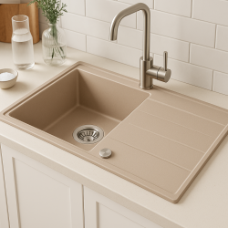 Quadri Luton beige graniitti päälle asennettava tiskiallas, jossa on kuivausalue. Käännettävä 86x50cm, ruostumattomalla teräksellä varustettu tulppa 1208971779