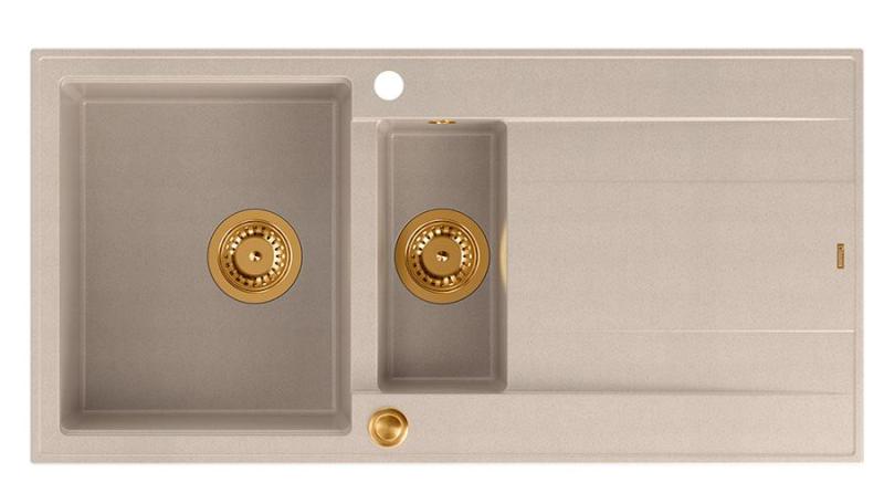 Quadri Luton helmen beige graniittinen päälle asennettava 1,5 altaalla varustettu tiskipöytä, jossa on kuivausalue, käännettävissä 100x50cm ja kuparinen pistoke 1208971792