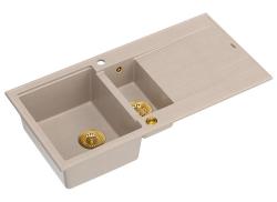 Quadri Luton beige graniitti päälle asennettava 1,5 altaan tiskipöytä, jossa on kuivausalue, kääntyvä 100x50cm, kultaisella tulppa 1208971793