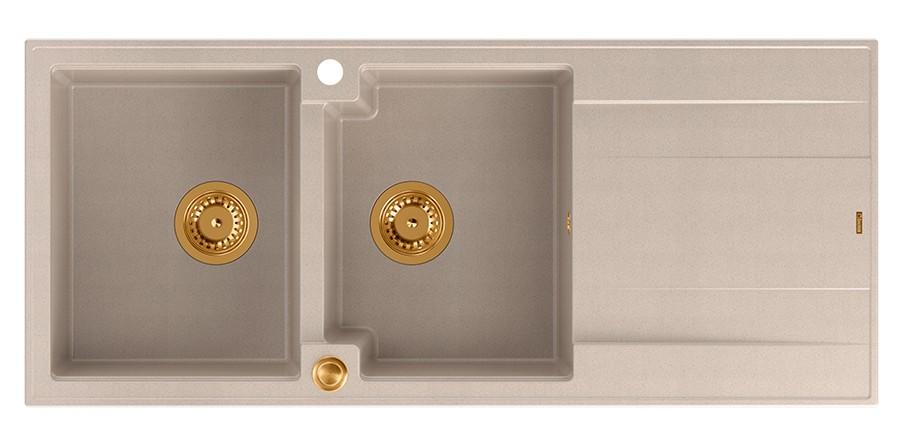 Quadri Luton built-up double granite sink in pearl beige with draining area 116x50 cm with copper plug 1208971801 - Productafbeelding