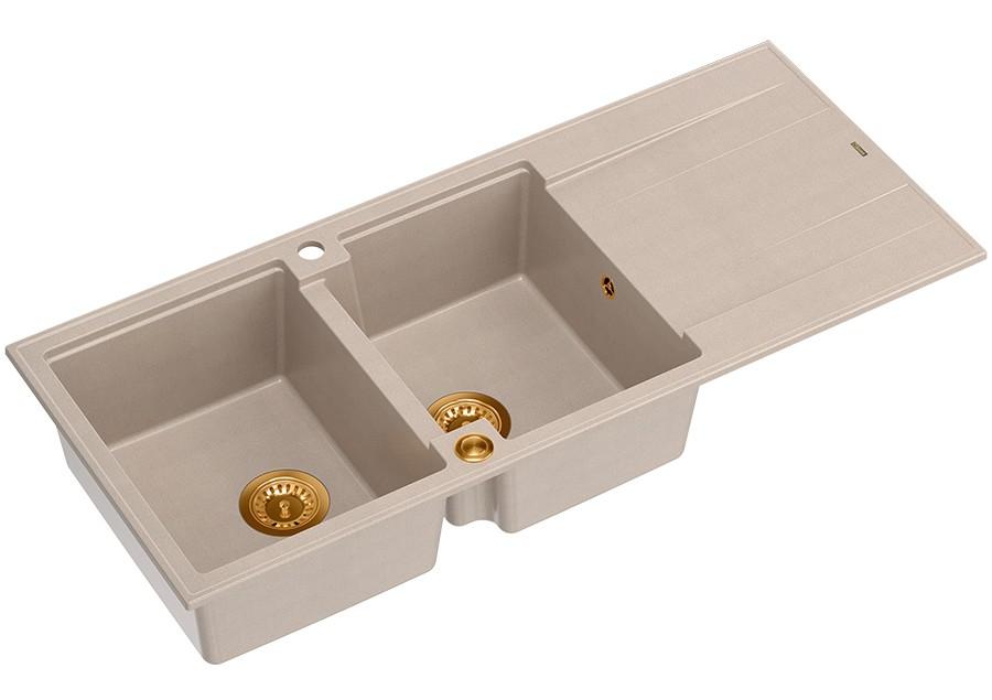 Quadri Luton built-up double granite sink in pearl beige with draining area 116x50 cm with copper plug 1208971801 - Productafbeelding 2