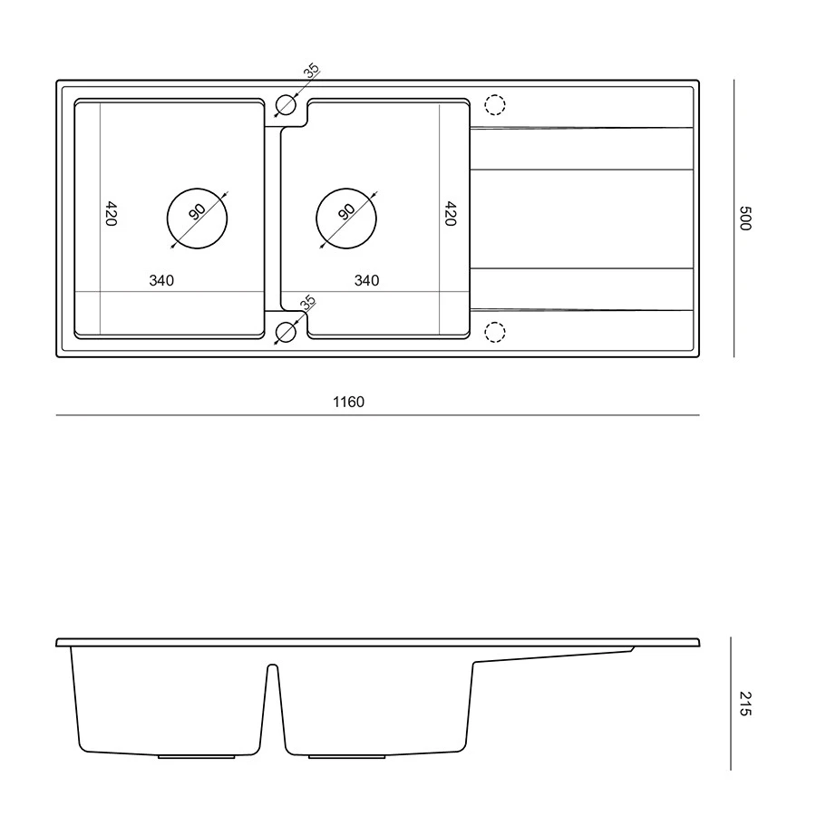 Quadri Luton built-in double granite sink pearl beige with draining area 116x50 cm with golden plug 1208971809 - Productafbeelding 3
