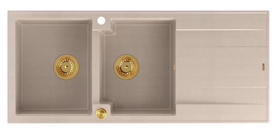 Quadri Luton built-in double granite sink pearl beige with draining area 116x50 cm with golden plug 1208971809 - Productafbeelding