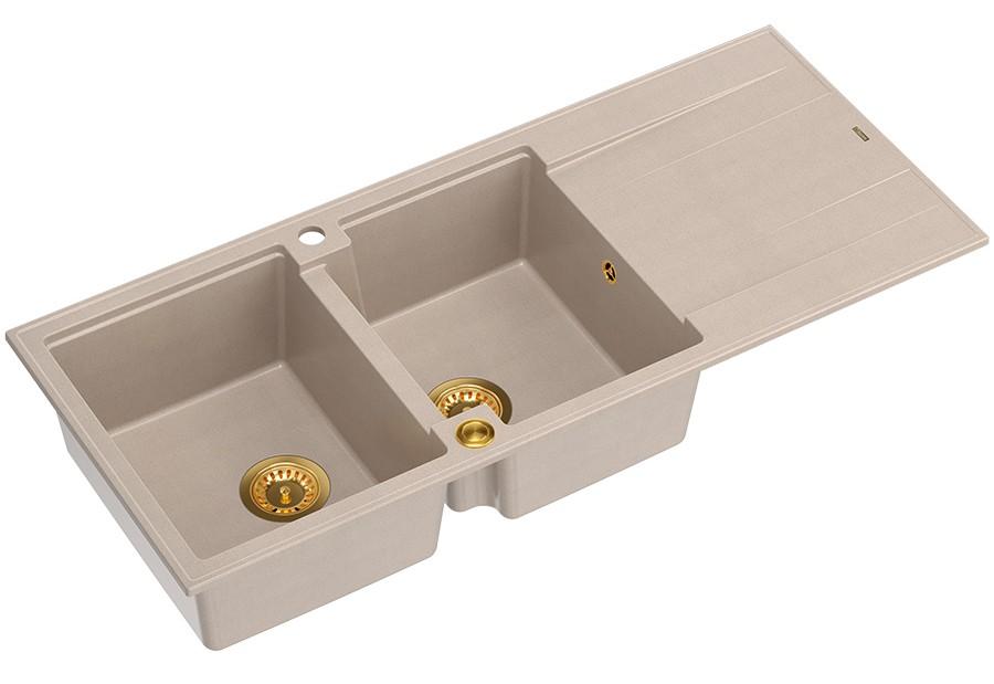 Quadri Luton built-in double granite sink pearl beige with draining area 116x50 cm with golden plug 1208971809 - Productafbeelding 2