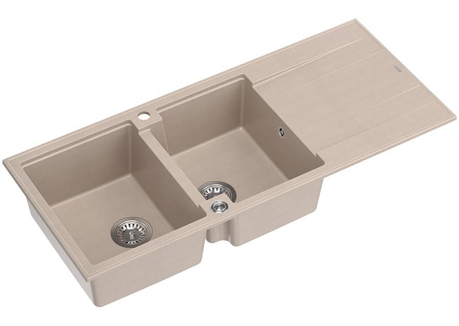 Quadri Luton construction double granite sink pearl beige with draining area 116x50 cm with stainless steel plug 1208971812 - Productafbeelding 2