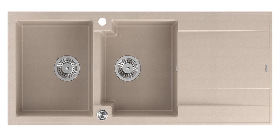 Quadri Luton construction double granite sink pearl beige with draining area 116x50 cm with stainless steel plug 1208971812 - Productafbeelding