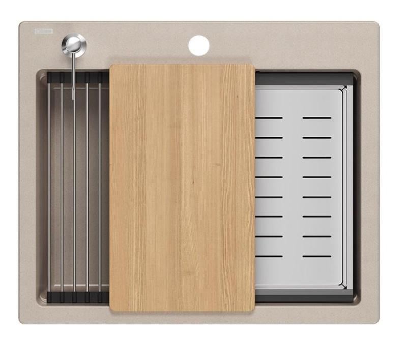 Quadri Durham Pearl Beige graniitti päälle asennettava tiskiallas 595x500, jossa on saippua-annostelija, leikkuulauta, upotettava allas ja rullattava matto 1208971814