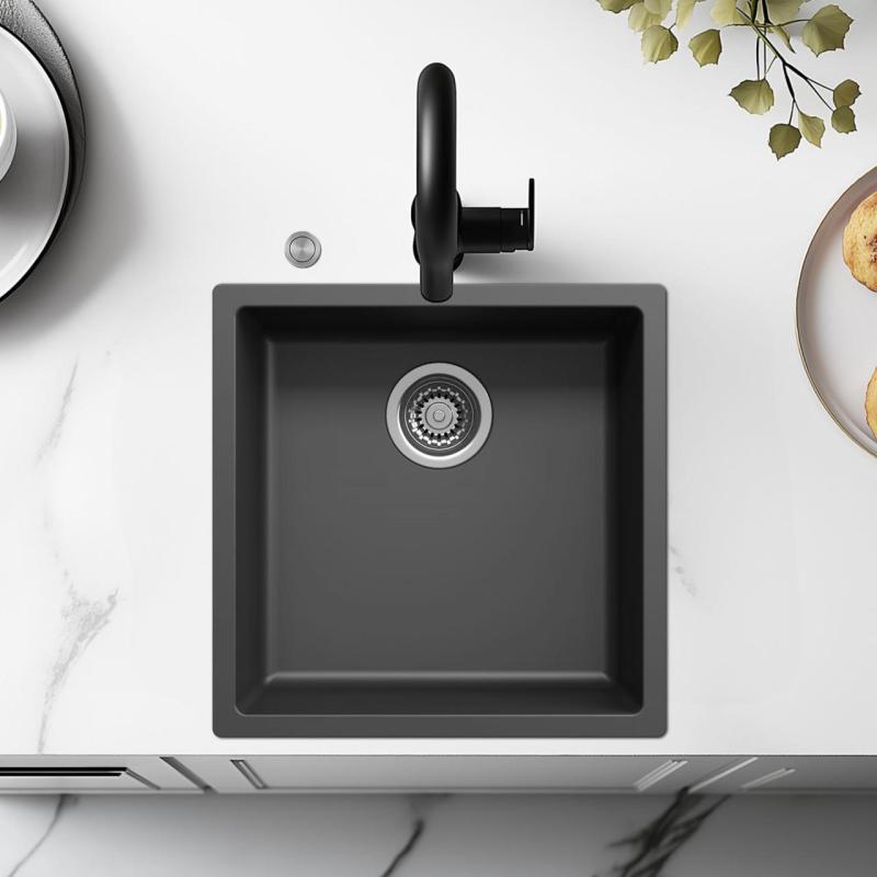 Ausmann Fiber black sink 40x40cm undermount, top mount and flush mount with automatic stainless steel plug 1208971836