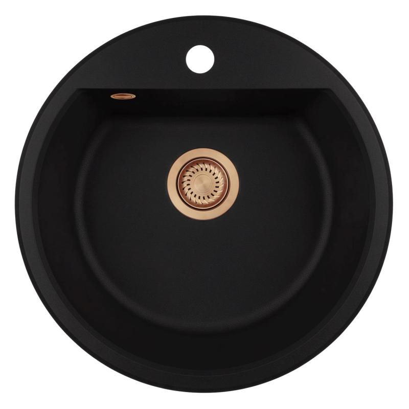 GraniteMy Bremen round granite sink 43 cm black top mount and undermount with faucet hole and copper plug 1208971837