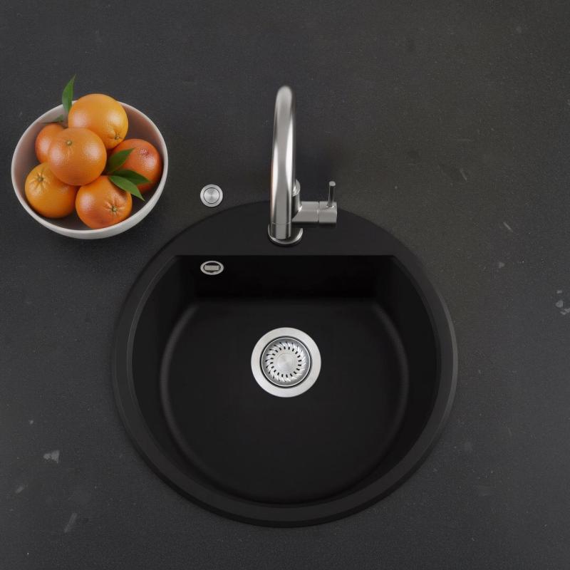 GraniteMy Bremen round granite sink 43 cm black, top-mount and undermount, with faucet hole bench and automatic stainless steel plug 1208971840